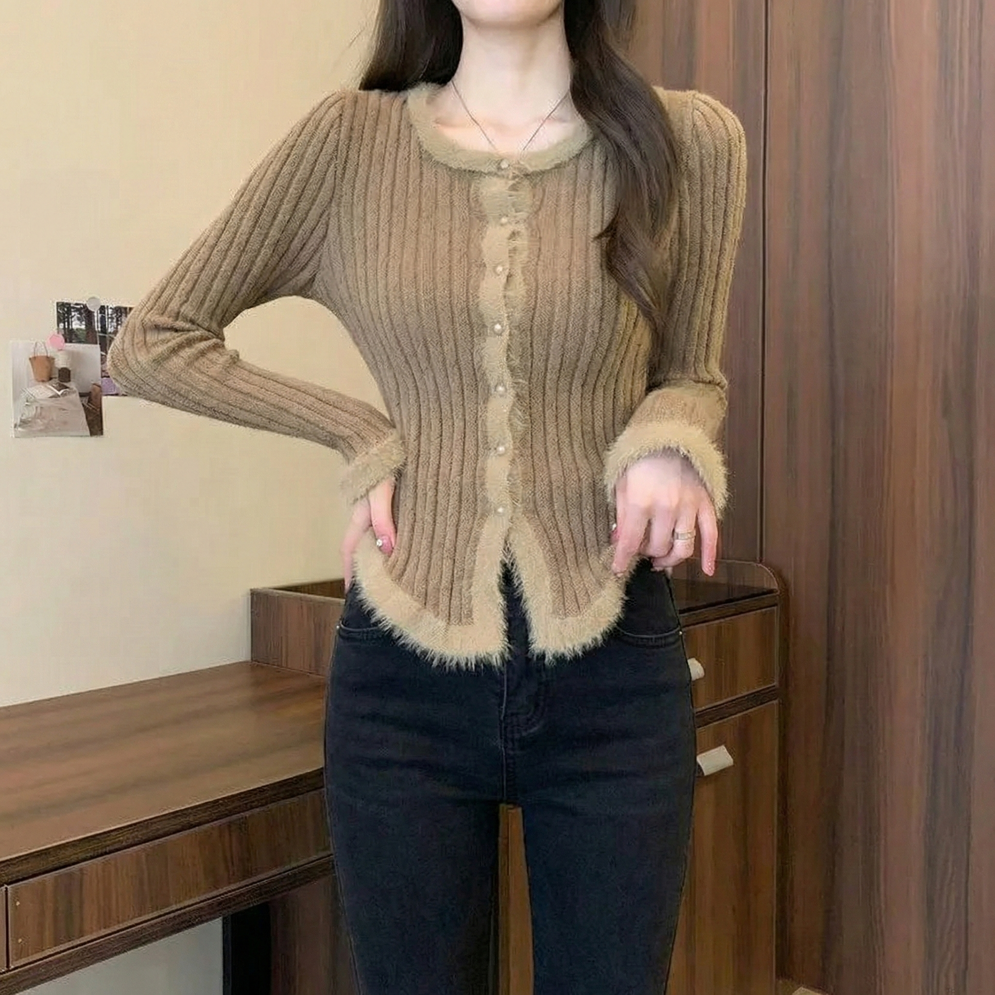 3色美拉德復古拼接毛邊修身顯瘦針織上衣-Cicimode