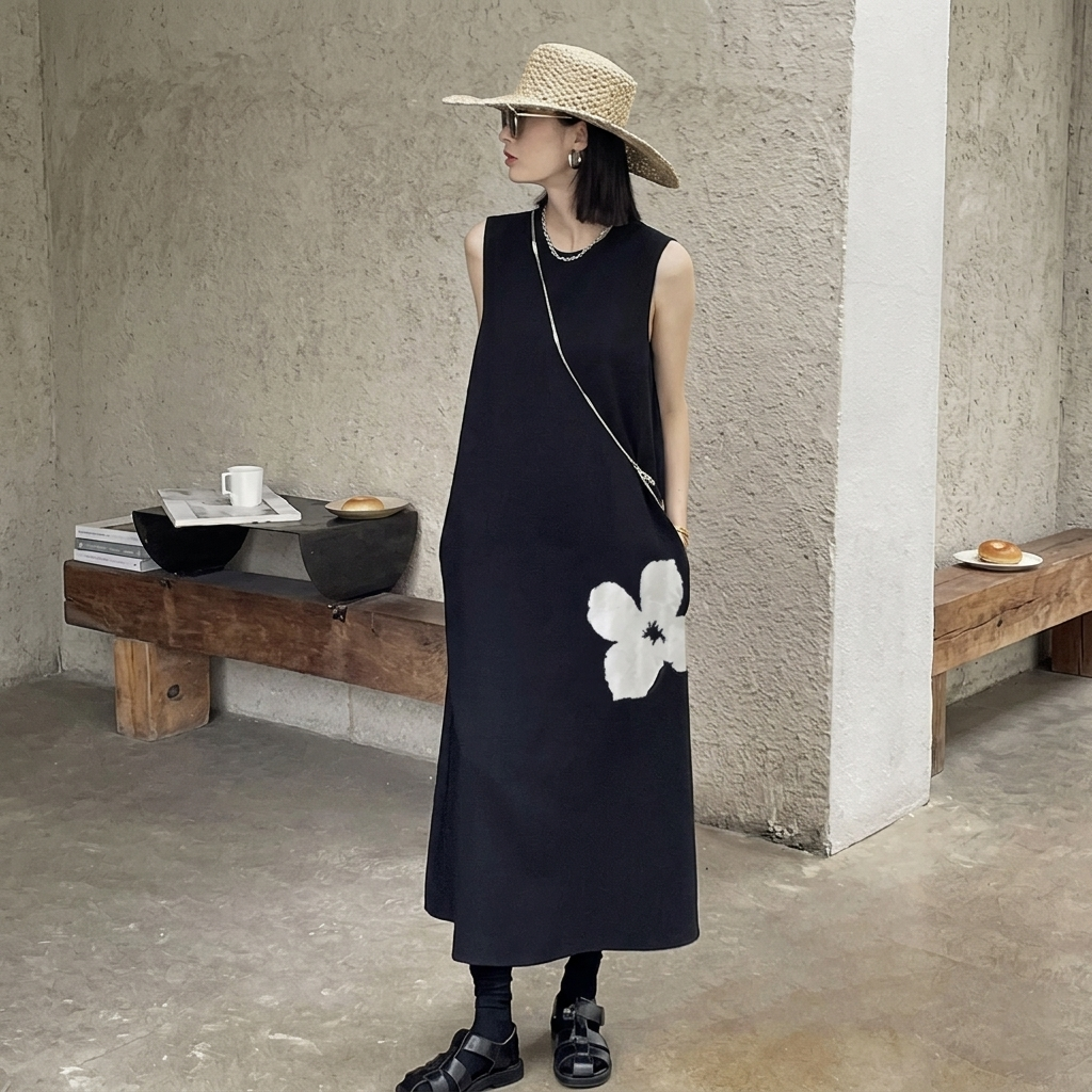 赫本風顯瘦高級感氣質A字裙過膝無袖背心洋裝