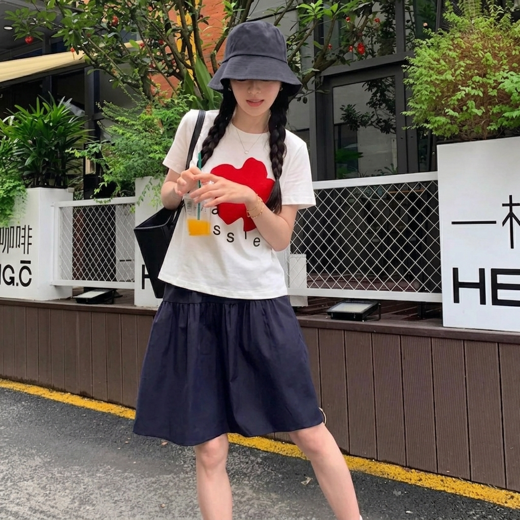 【單件販售】韓系穿搭甜美減齡印花短袖T恤+高腰學院風百搭半身裙兩件套