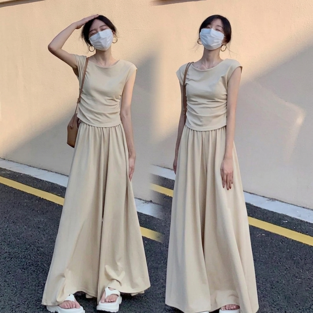 【整套】韓系穿搭一整套顯瘦掐腰短袖T恤+闊腿長褲兩件套裝