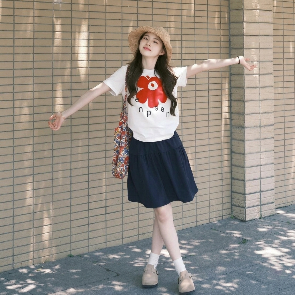 【單件販售】韓系穿搭甜美減齡印花短袖T恤+高腰學院風百搭半身裙兩件套