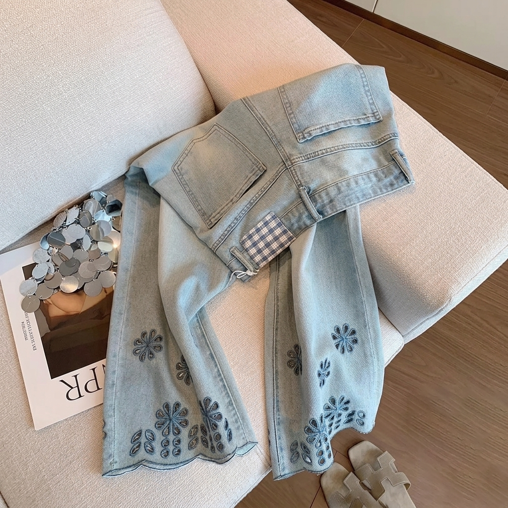 花邊鏤空刺繡設計感薄款高腰直筒九分牛仔褲