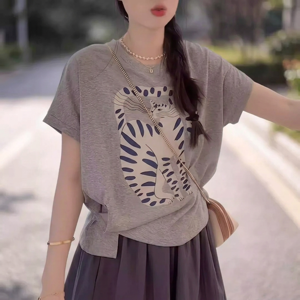 【純棉】小眾別緻休閒貓咪印花設計感短袖T恤