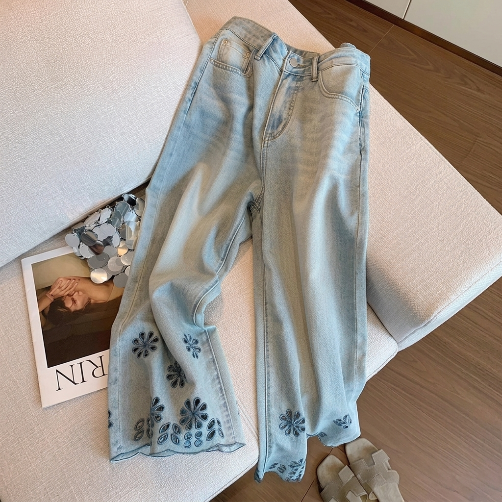 花邊鏤空刺繡設計感薄款高腰直筒九分牛仔褲