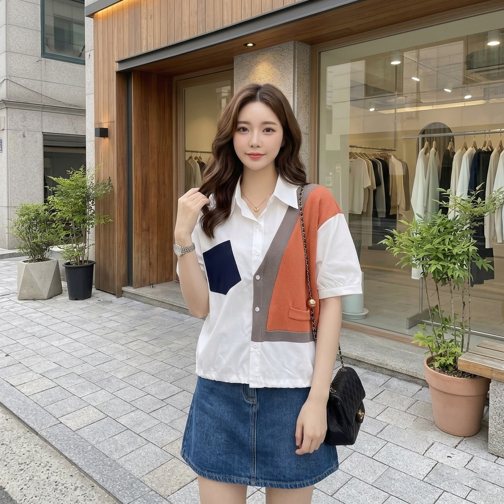 時尚獨特別緻設計感拼接短袖襯衫