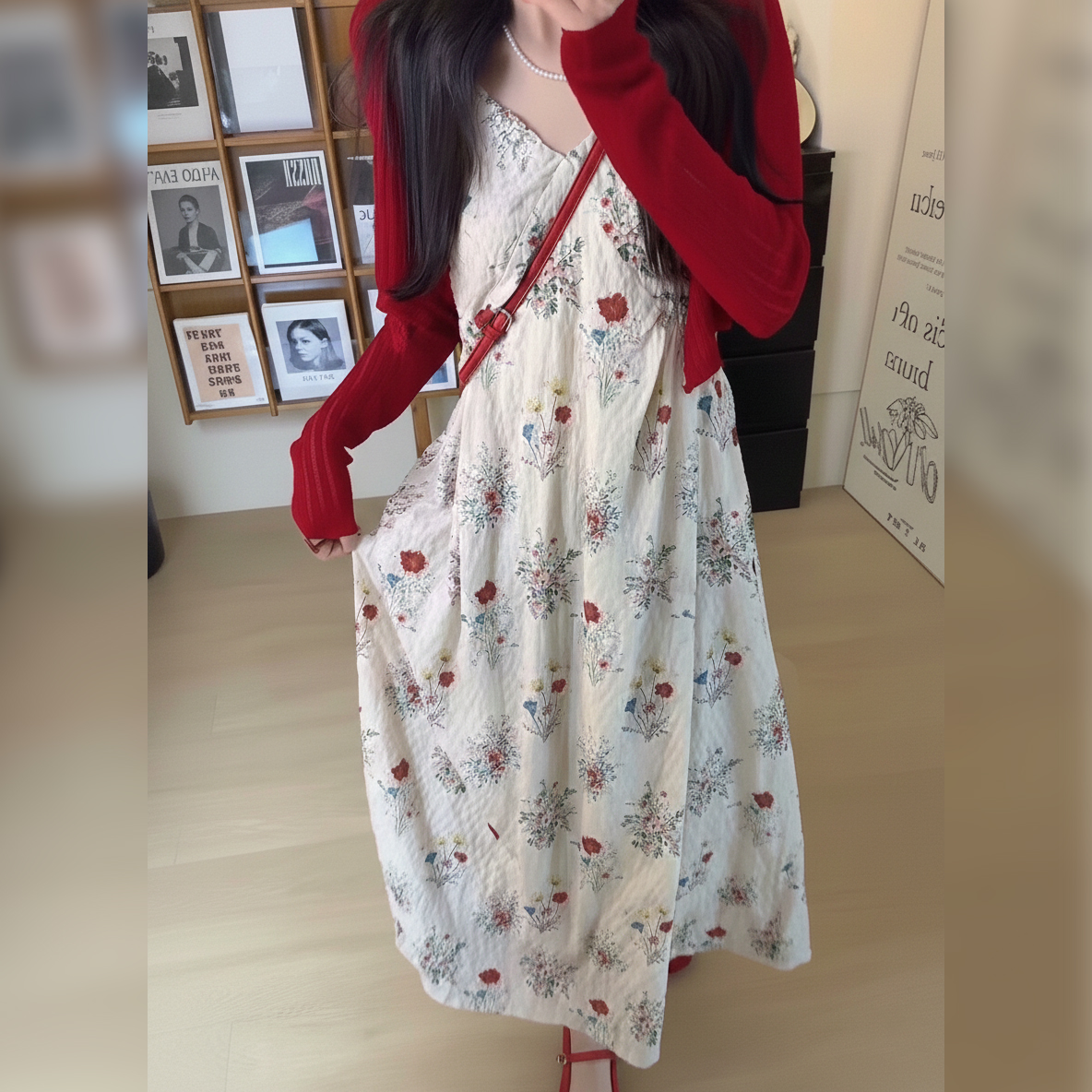 【單件/套裝】法式甜美風大碼碎花吊帶洋裝+薄款防曬開衫兩件套