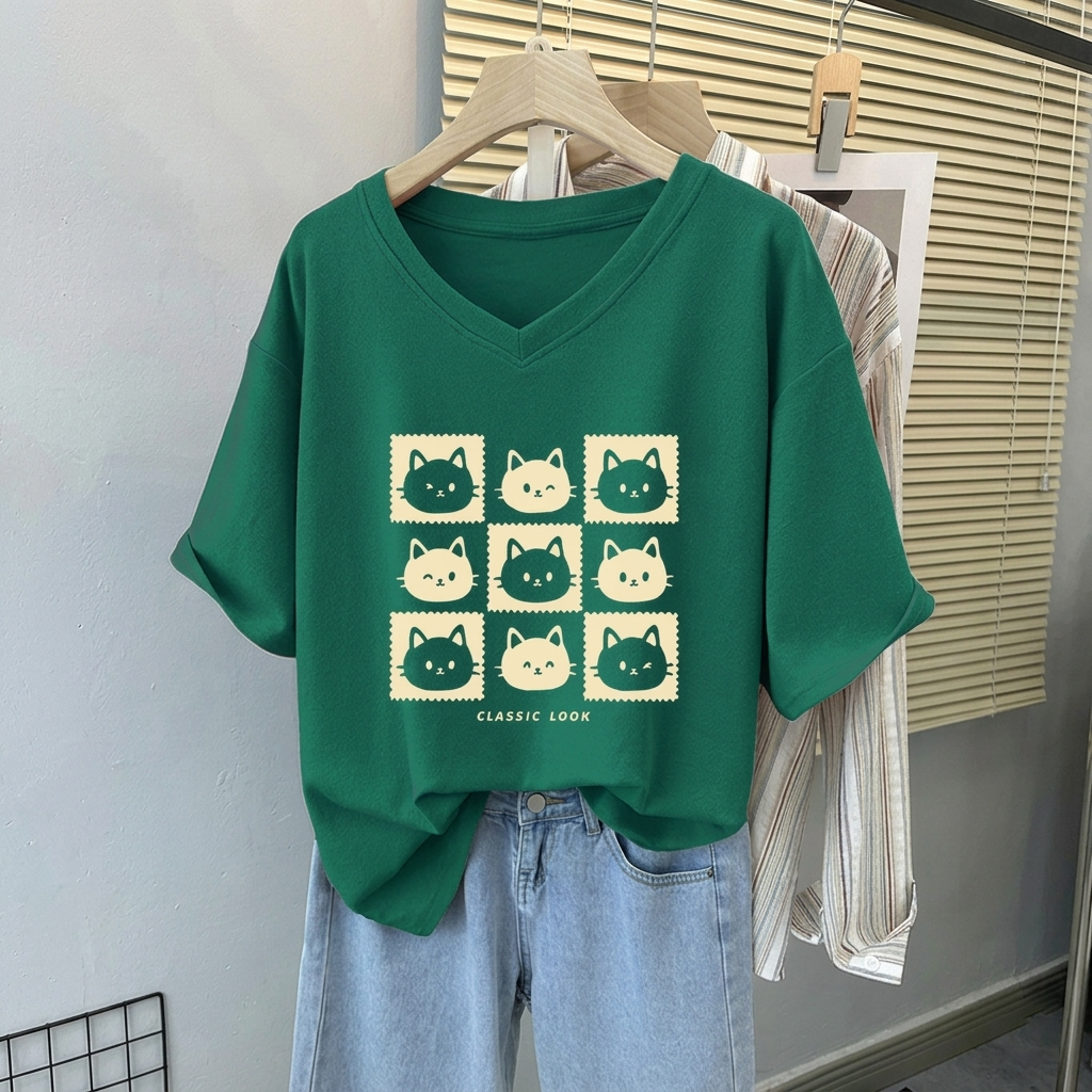 5色正肩大碼寬松顯瘦可愛V領短袖T恤