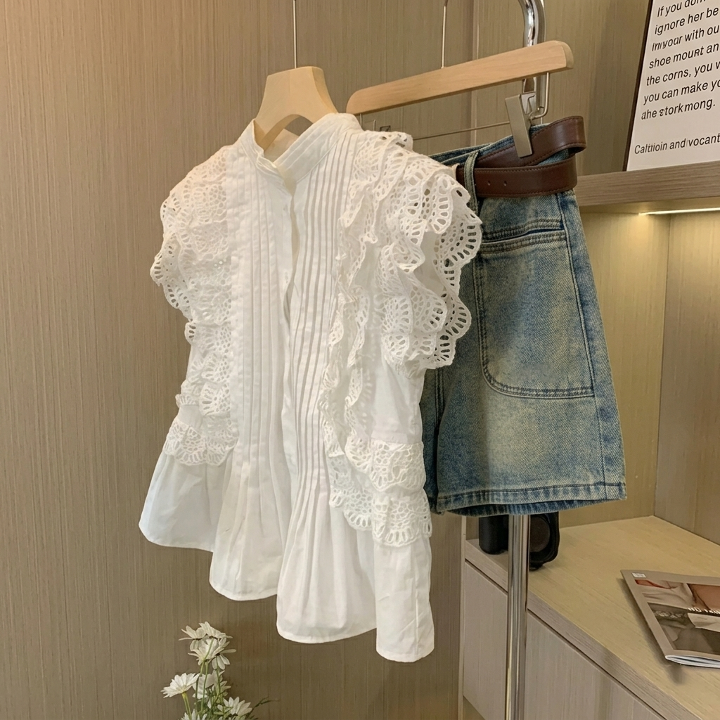 【單件販售】法式重工蕾絲飛飛袖襯衫+復古水洗A字牛仔短褲