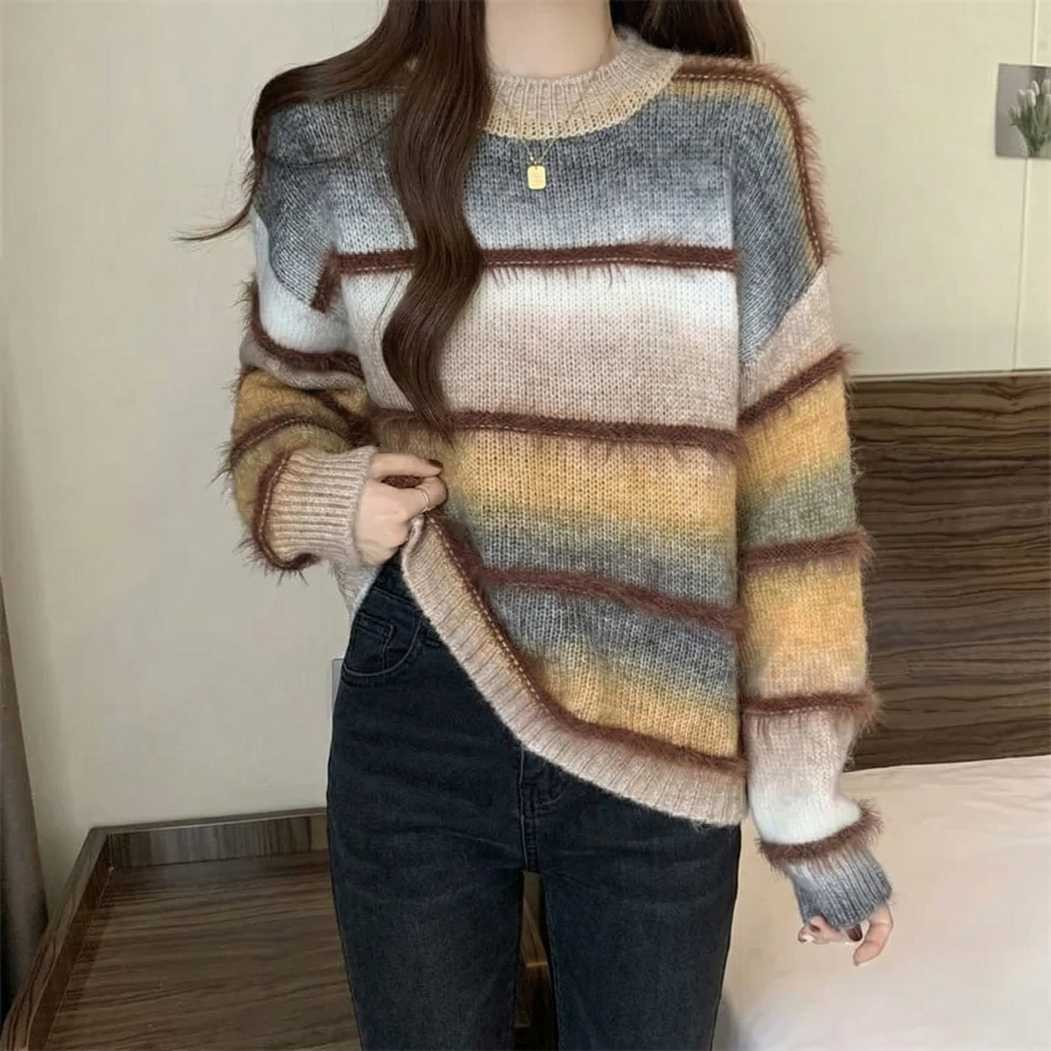 美拉德漸變條紋毛衣顯瘦軟糯針織衫-Cicimode