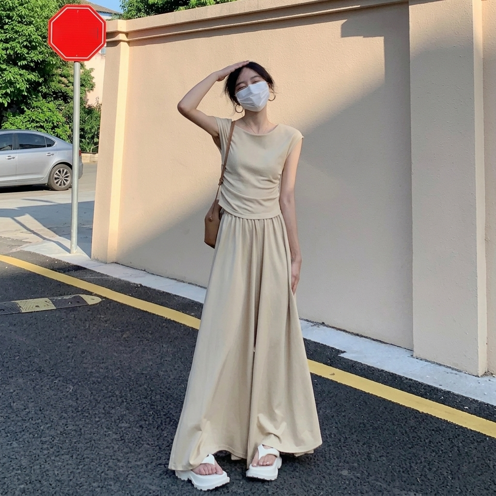 【整套】韓系穿搭一整套顯瘦掐腰短袖T恤+闊腿長褲兩件套裝