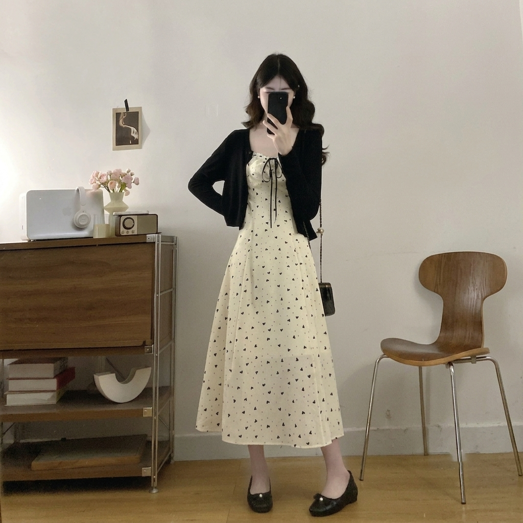【套裝/單件】超好看法式碎花吊帶洋裝+大碼開衫兩件套