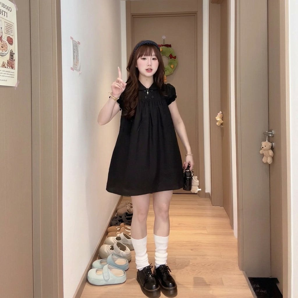 超流行娃娃領寬松遮肉顯瘦初戀感洋裝