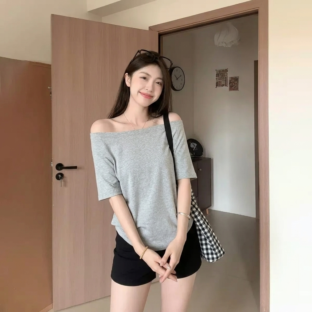 斜領露肩寬鬆遮肉顯瘦甜辣妹設計感短袖T恤