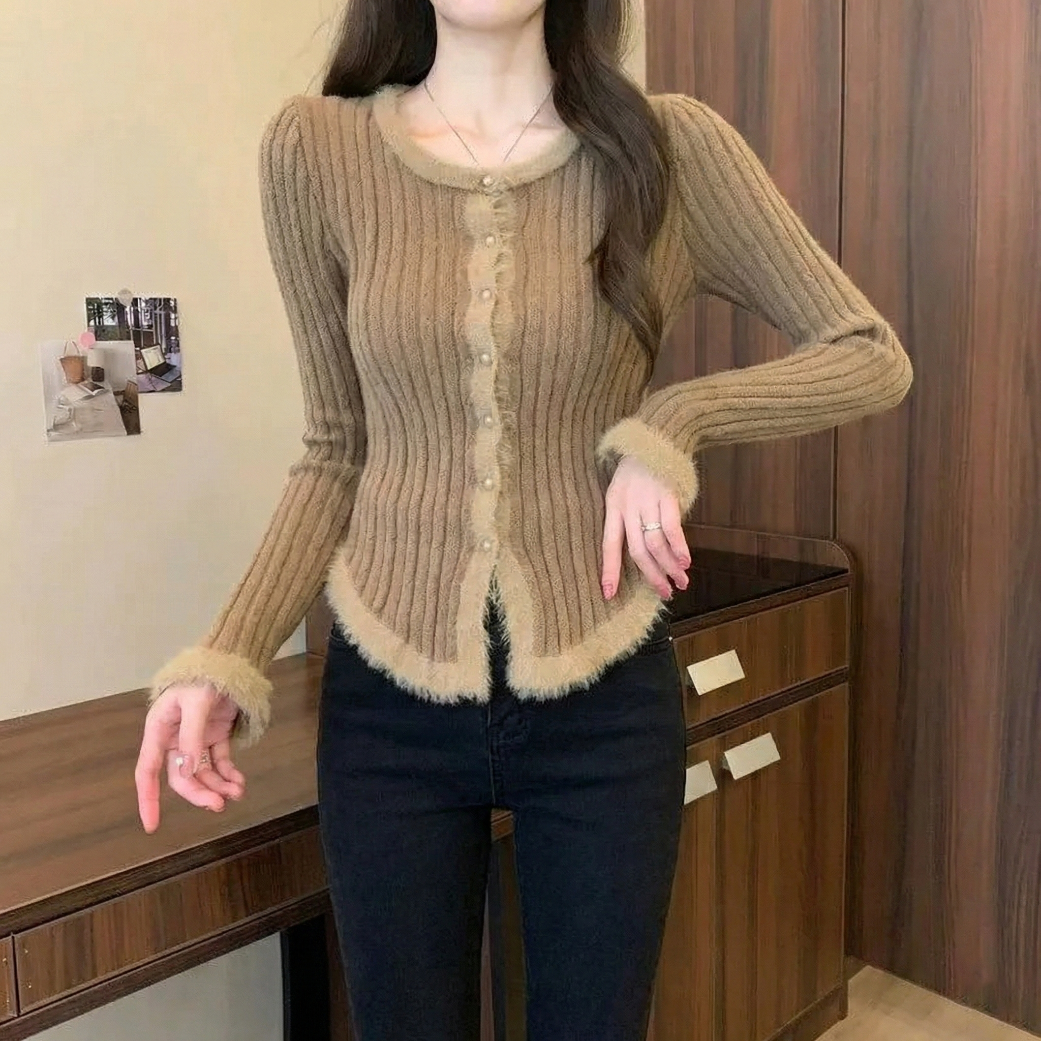 3色美拉德復古拼接毛邊修身顯瘦針織上衣-Cicimode