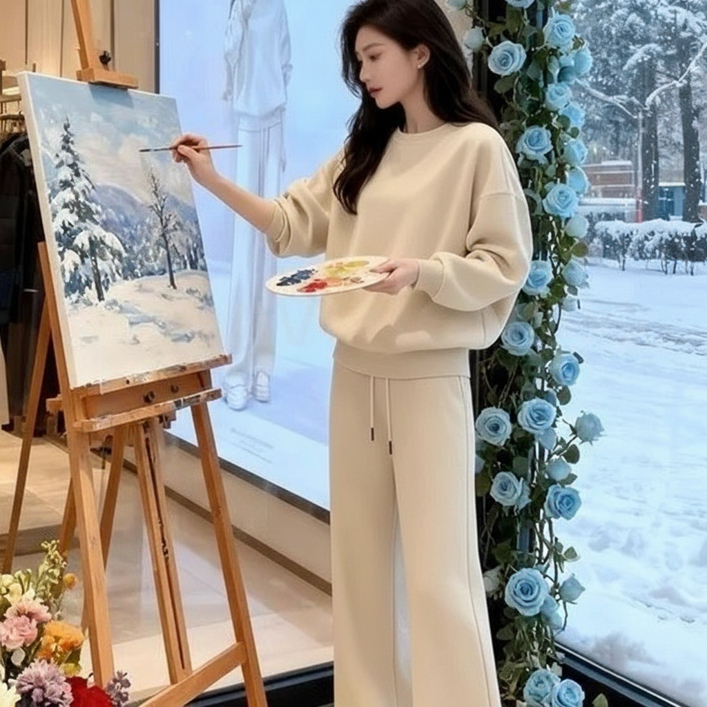 【整套】圓領時尚洋氣套頭長袖+運動休閒長褲兩件套-Cicimode