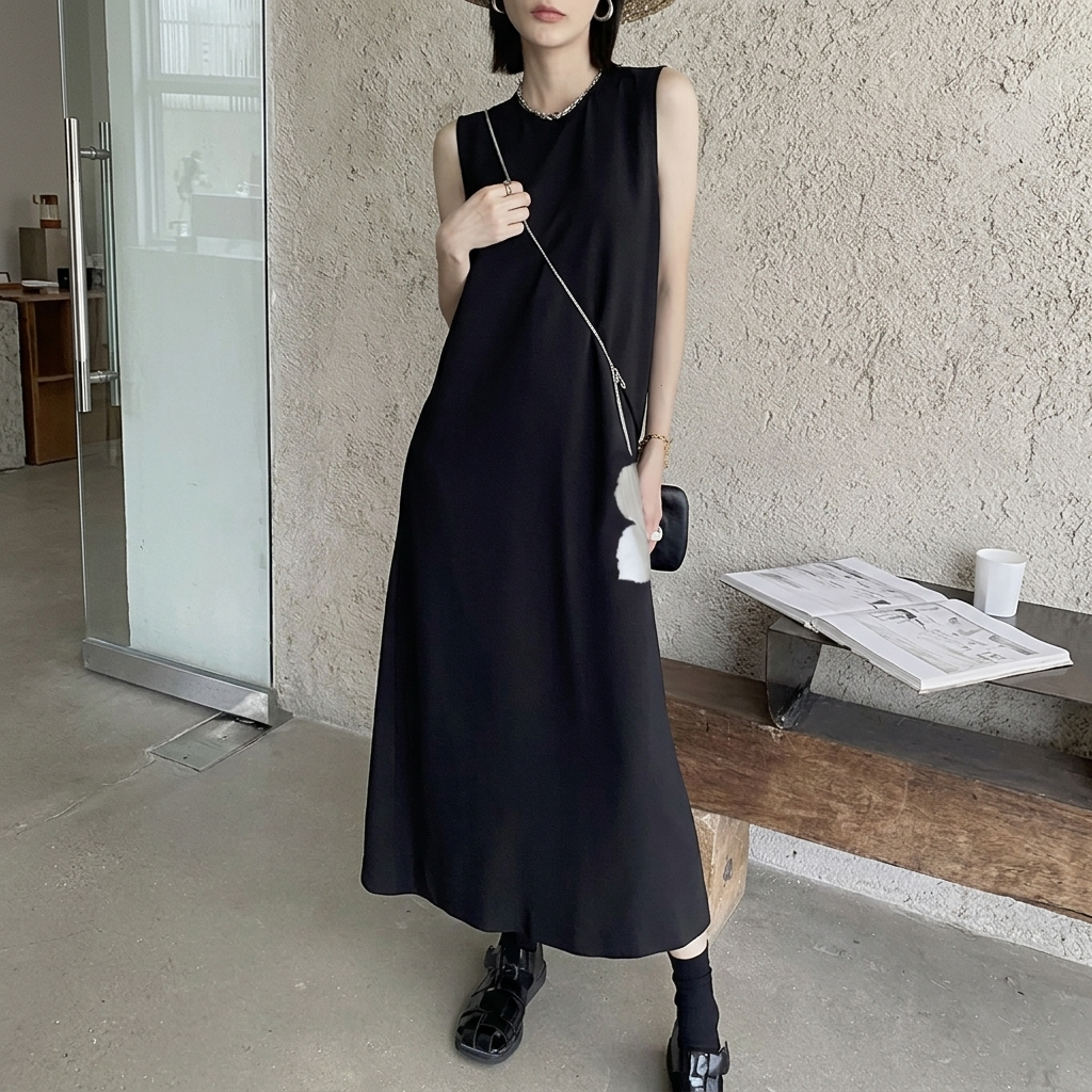 赫本風顯瘦高級感氣質A字裙過膝無袖背心洋裝