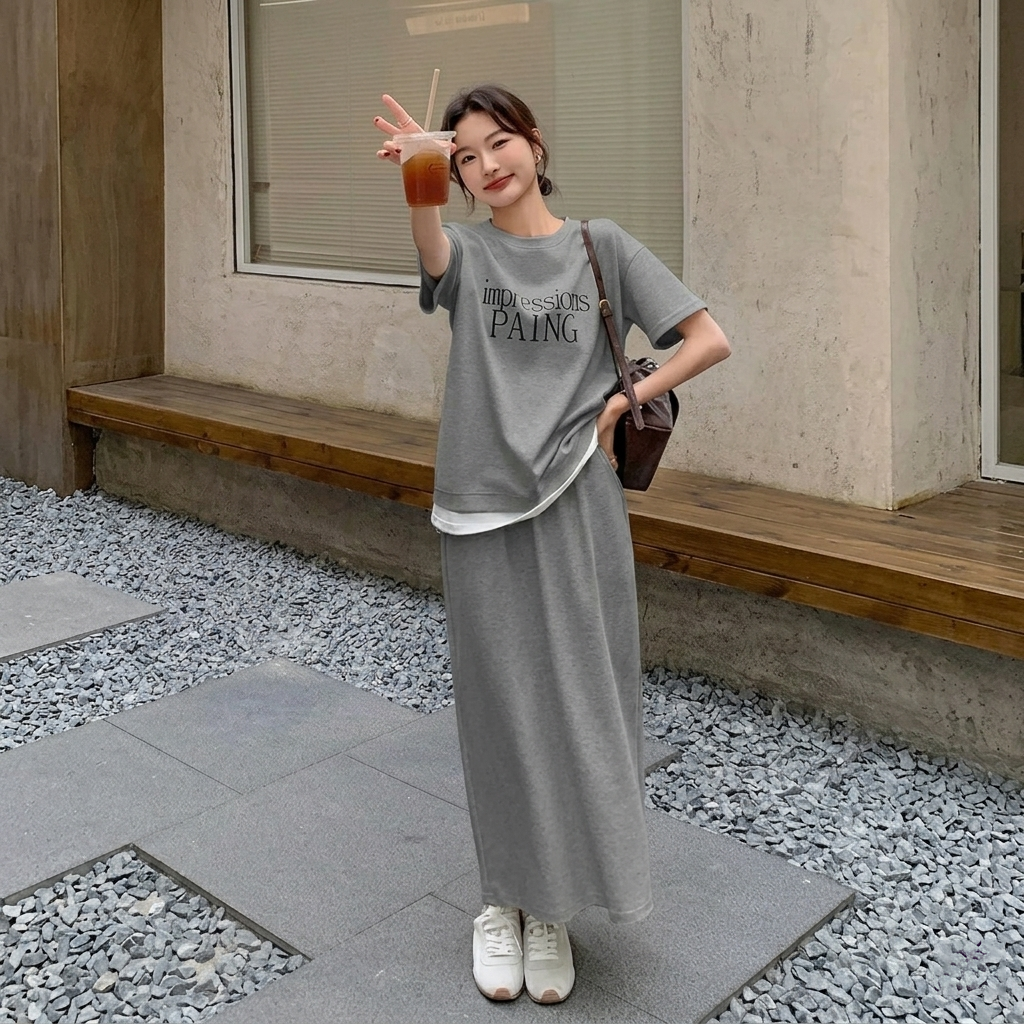 【整套】韓系休閒時尚百搭減齡短袖T恤+半身裙兩件套裝