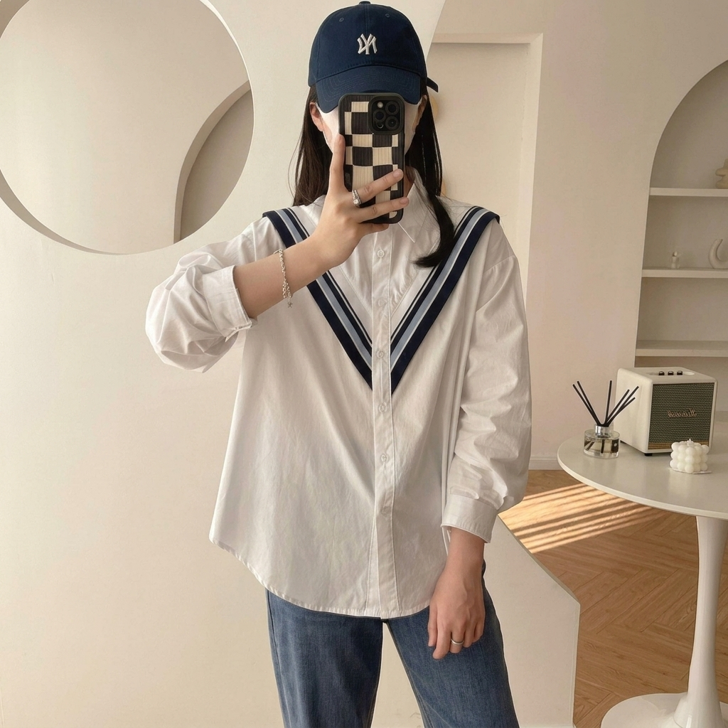 韓版寬鬆休閒針織木耳邊拼接襯衫