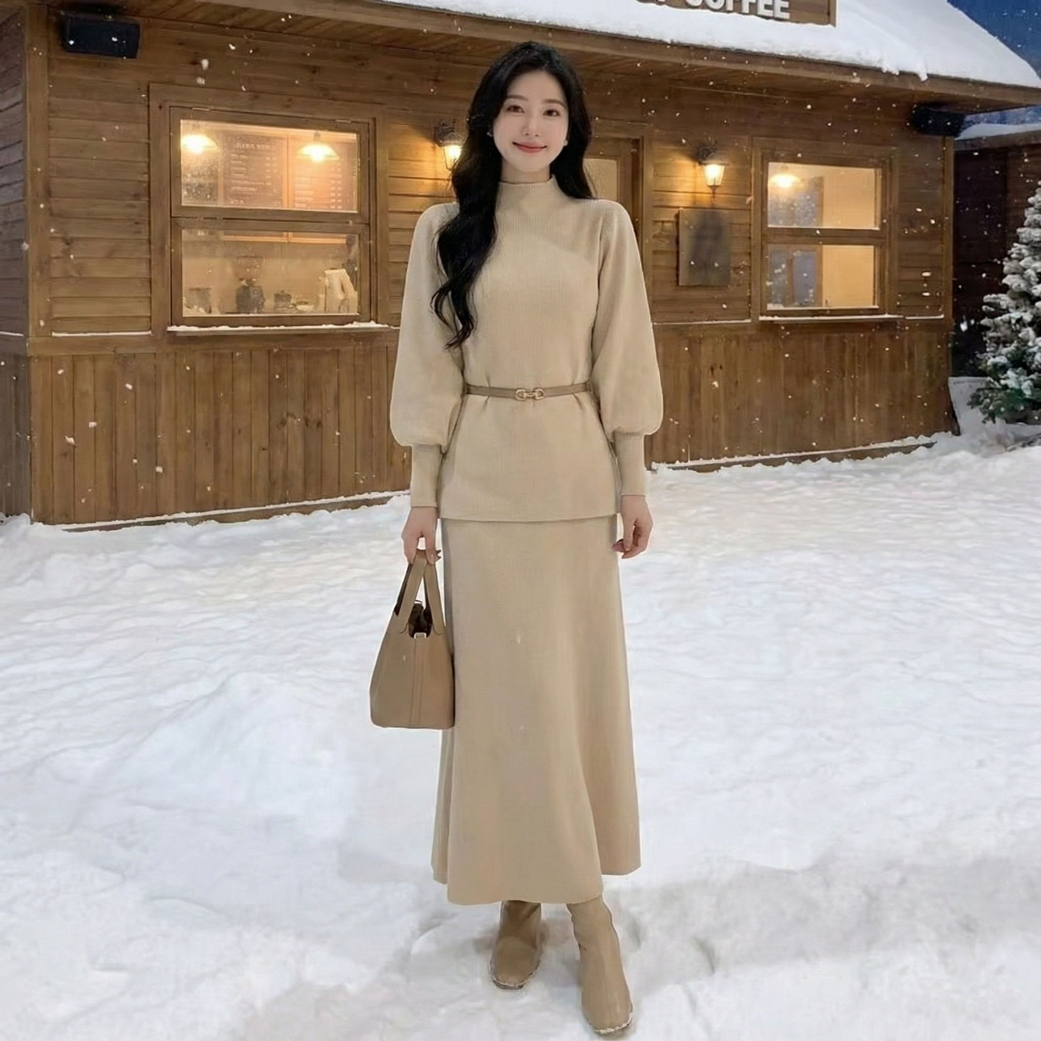 【整套】韓系半高領針織毛衣+高腰半身裙兩件套