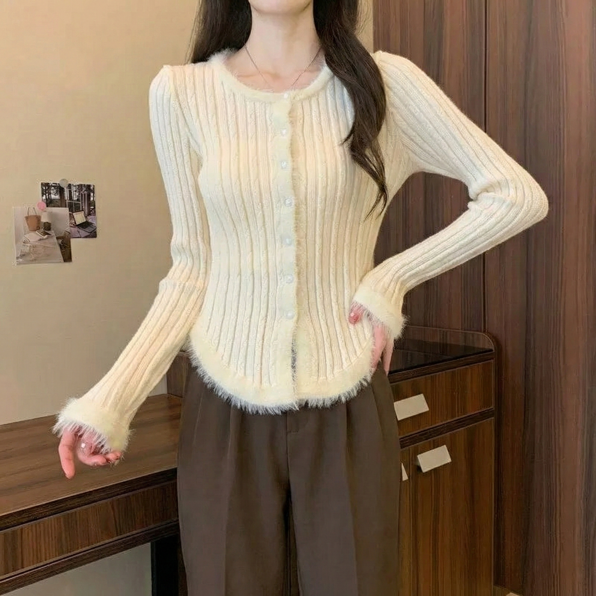 3色美拉德復古拼接毛邊修身顯瘦針織上衣-Cicimode