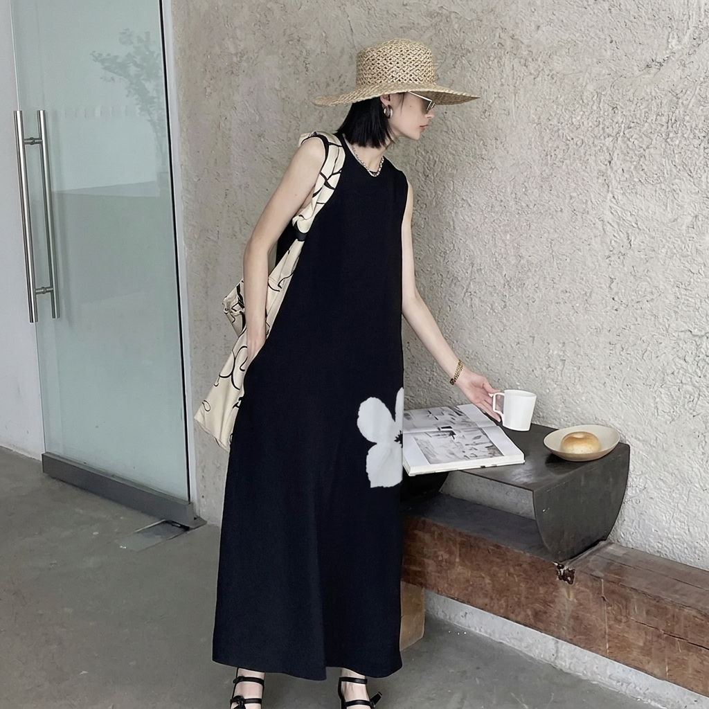 赫本風顯瘦高級感氣質A字裙過膝無袖背心洋裝