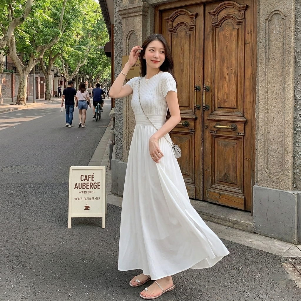 大碼法式拼接收腰A字氣質清純短袖洋裝