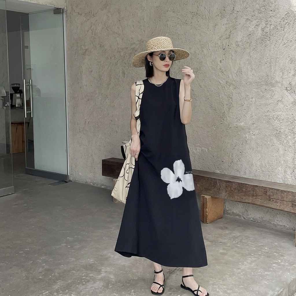 赫本風顯瘦高級感氣質A字裙過膝無袖背心洋裝