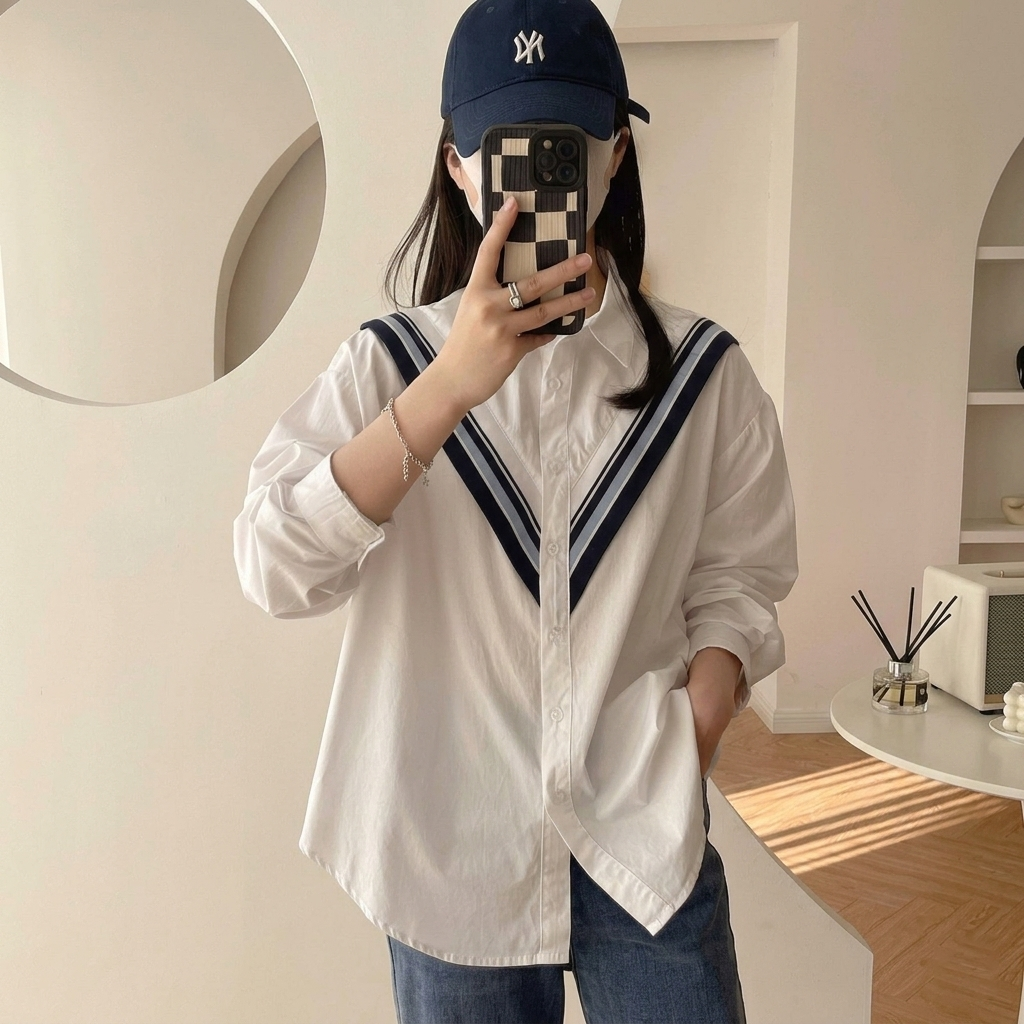 韓版寬鬆休閒針織木耳邊拼接襯衫