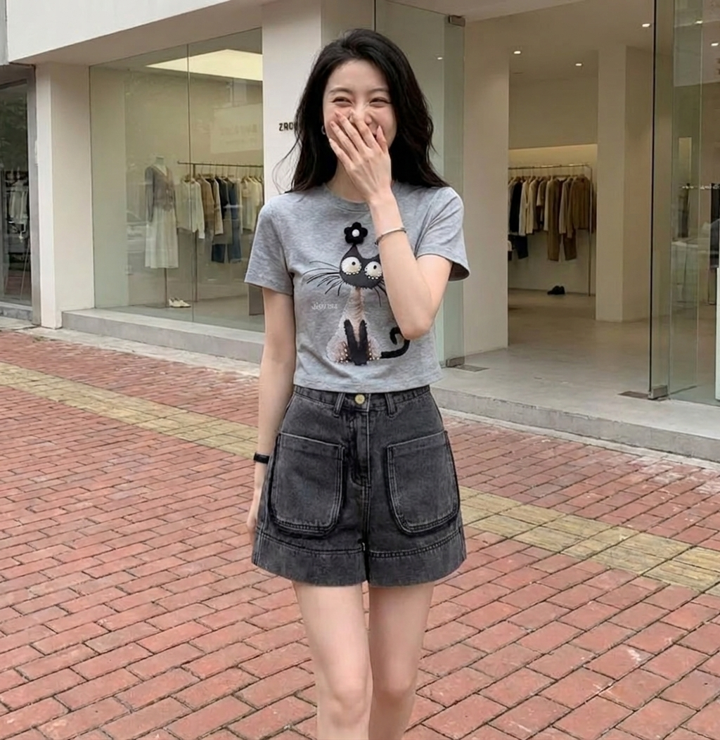 【單件/套裝】復古減齡休閒運動風T恤+牛仔短褲兩件套裝