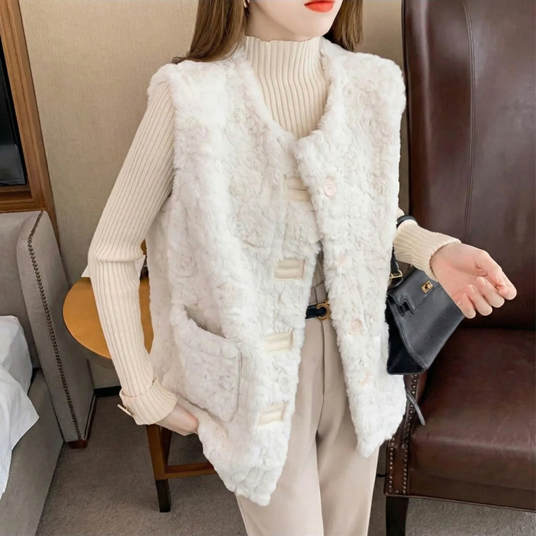 百搭時尚休閒洋氣仿兔毛皮毛一體毛絨馬甲-Cicimode