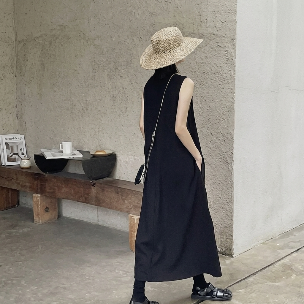 赫本風顯瘦高級感氣質A字裙過膝無袖背心洋裝