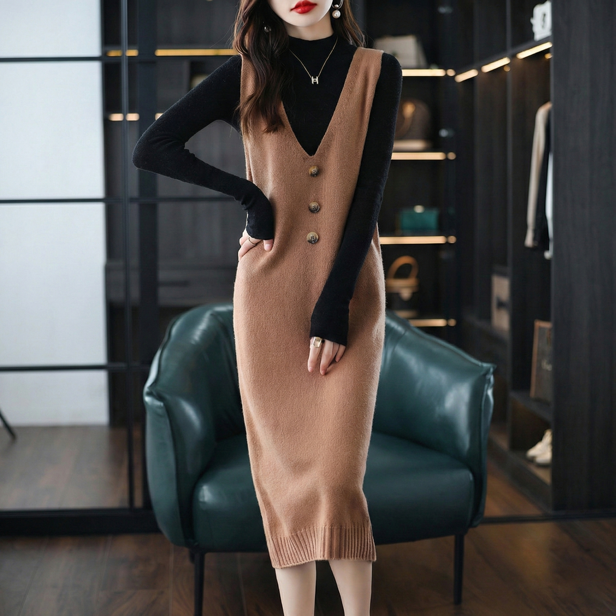 寬鬆無袖V領中長款馬甲背心款針織洋裝