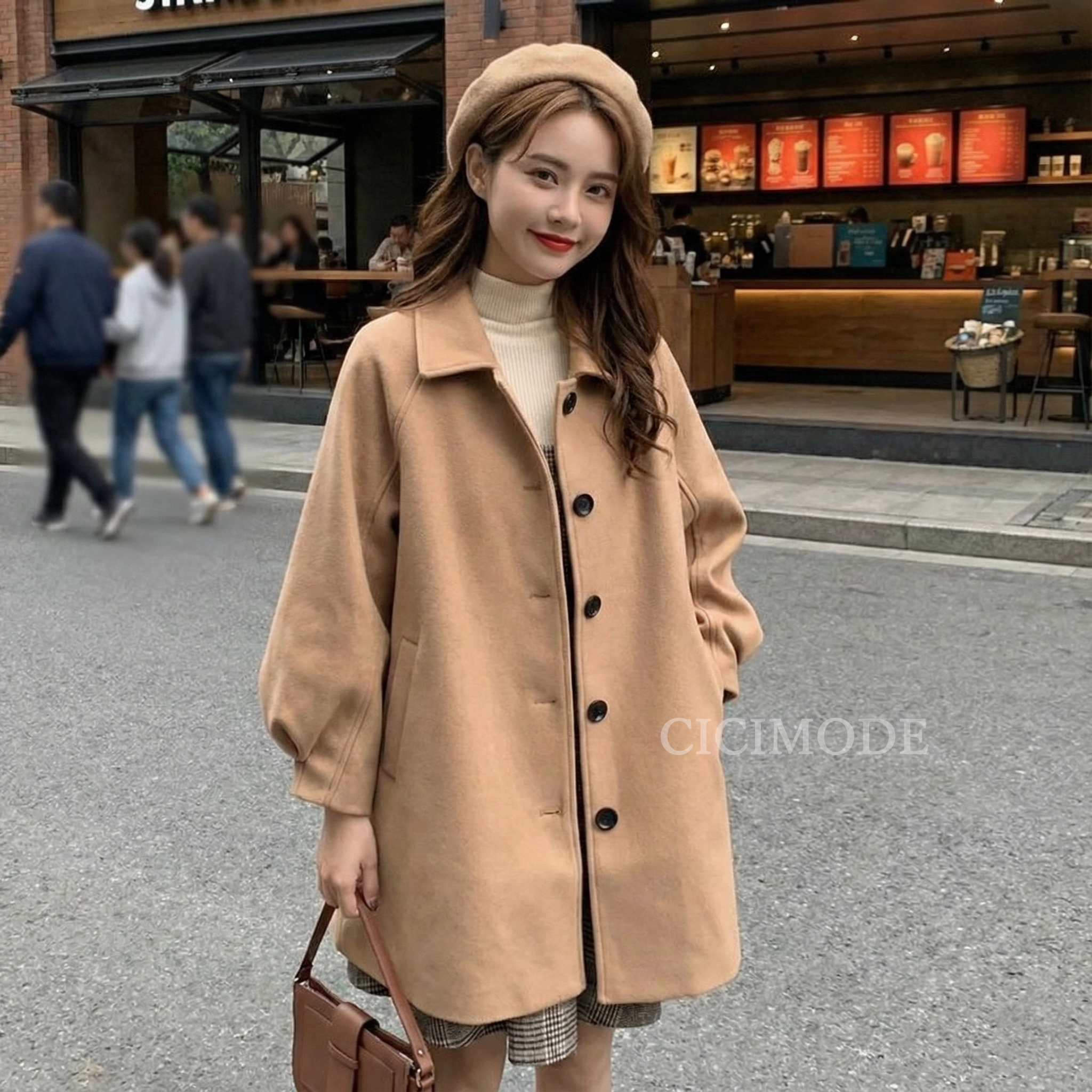 韓版寬鬆百搭中長款毛呢外套-Cicimode