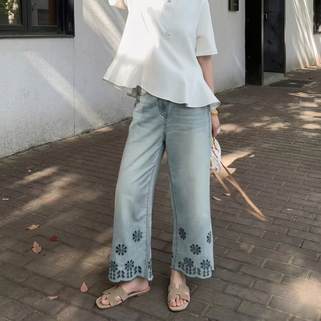 花邊鏤空刺繡設計感薄款高腰直筒九分牛仔褲