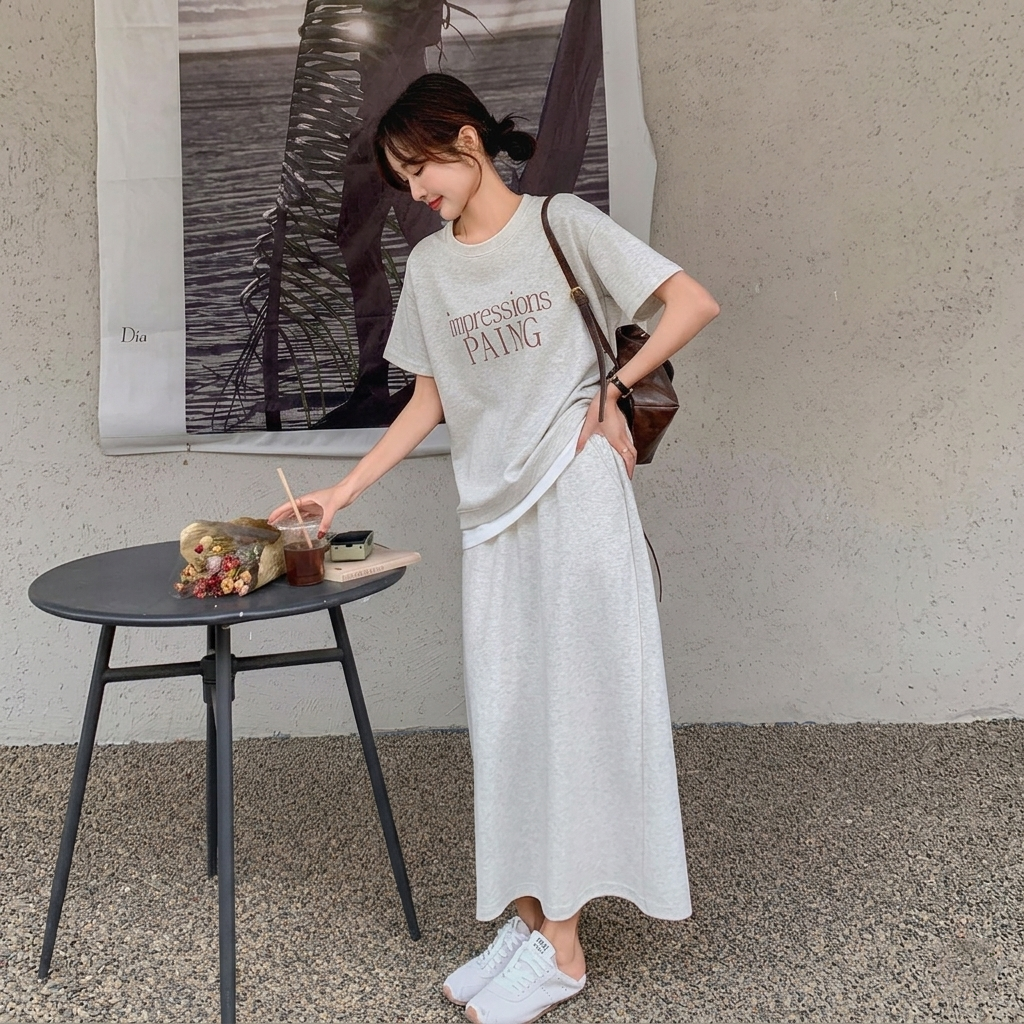 【整套】韓系休閒時尚百搭減齡短袖T恤+半身裙兩件套裝