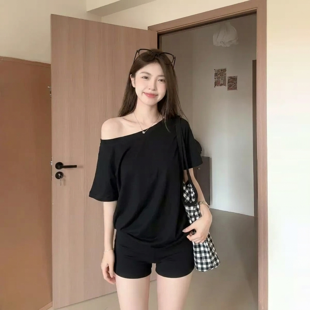 斜領露肩寬鬆遮肉顯瘦甜辣妹設計感短袖T恤