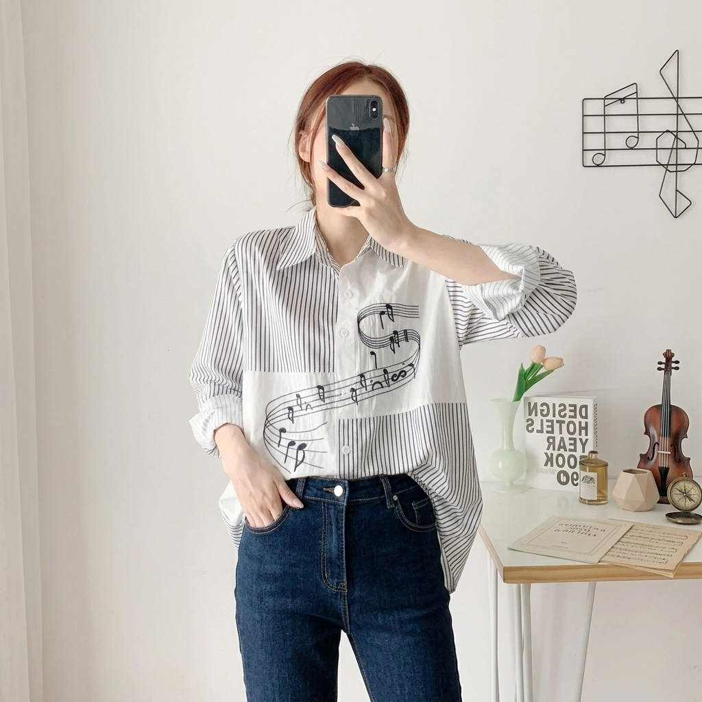 韓版寬鬆刺繡拼接設計感小眾休閒襯衫