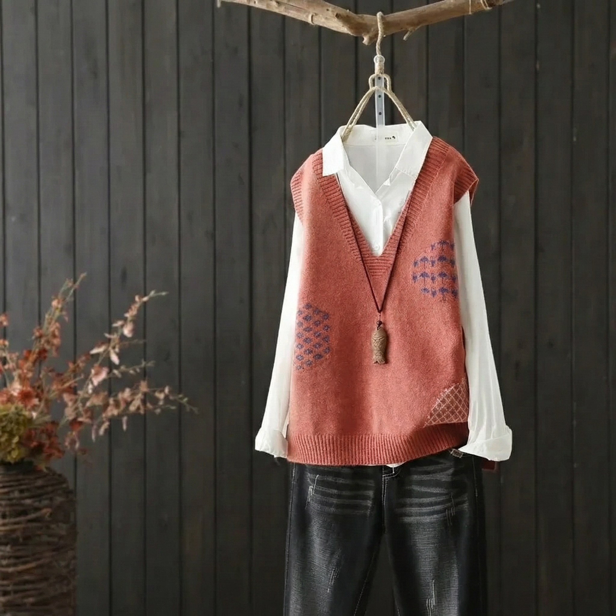 文藝范V領提花背心百搭坎肩套頭針織馬甲