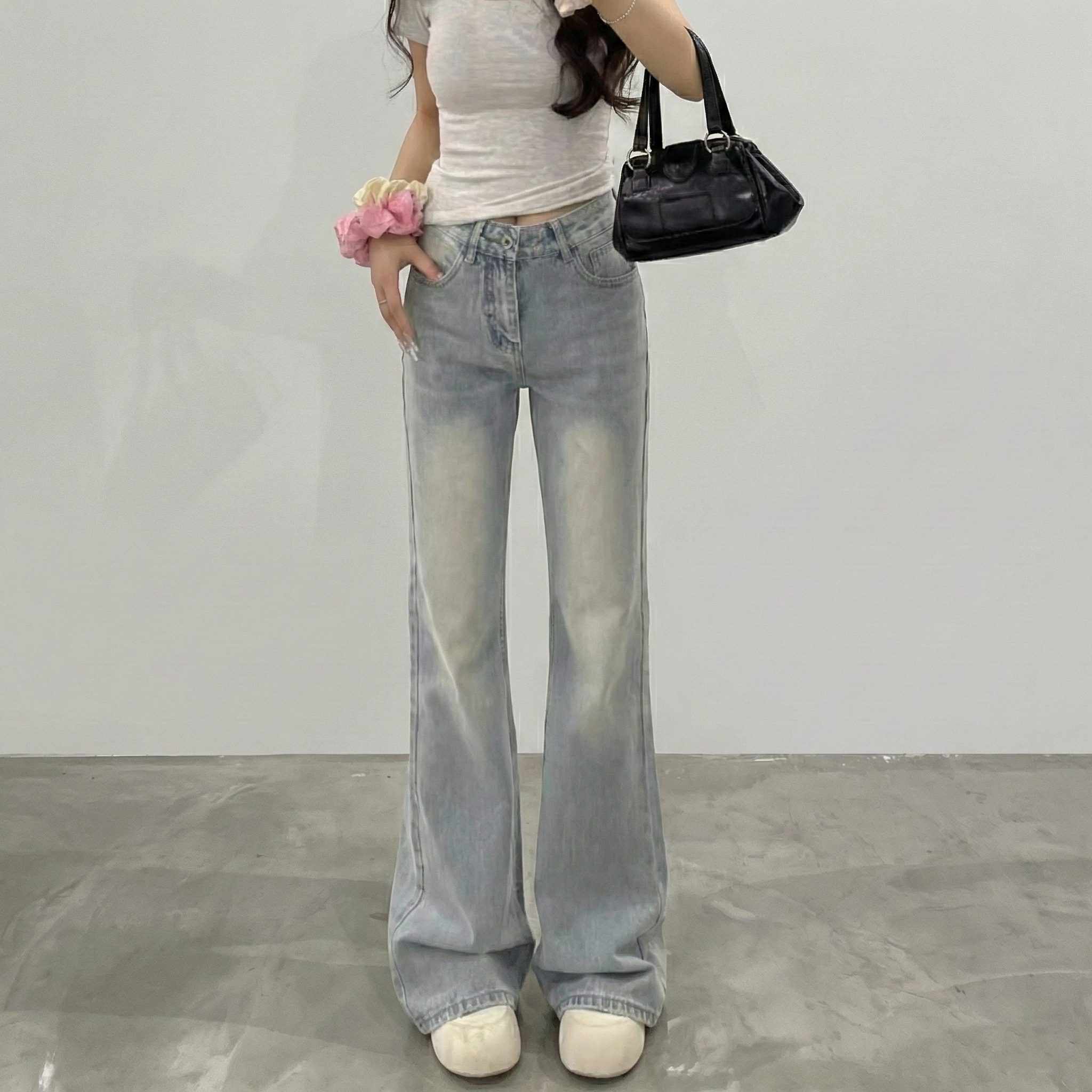 美式復古刷毛加厚高腰顯瘦微喇拖地牛仔褲