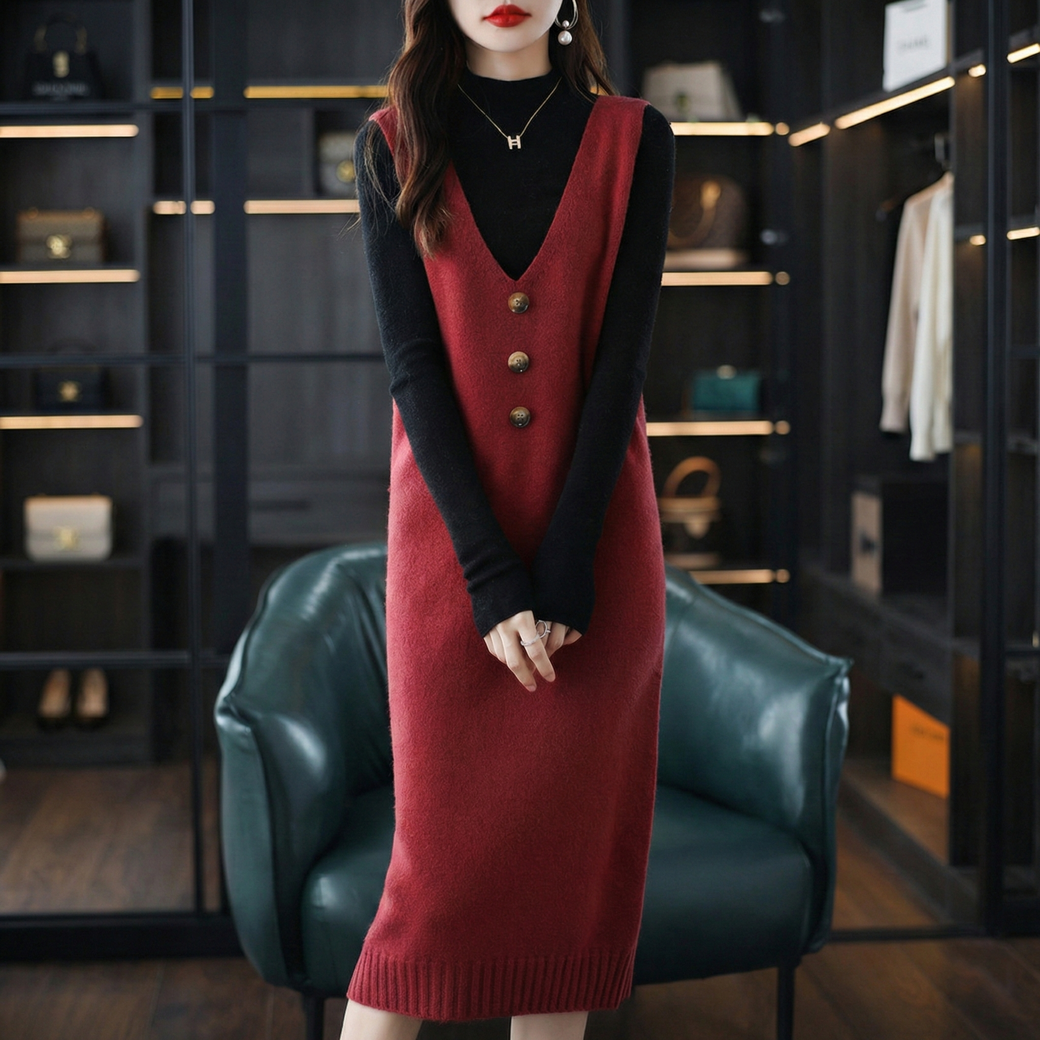 寬鬆無袖V領中長款馬甲背心款針織洋裝