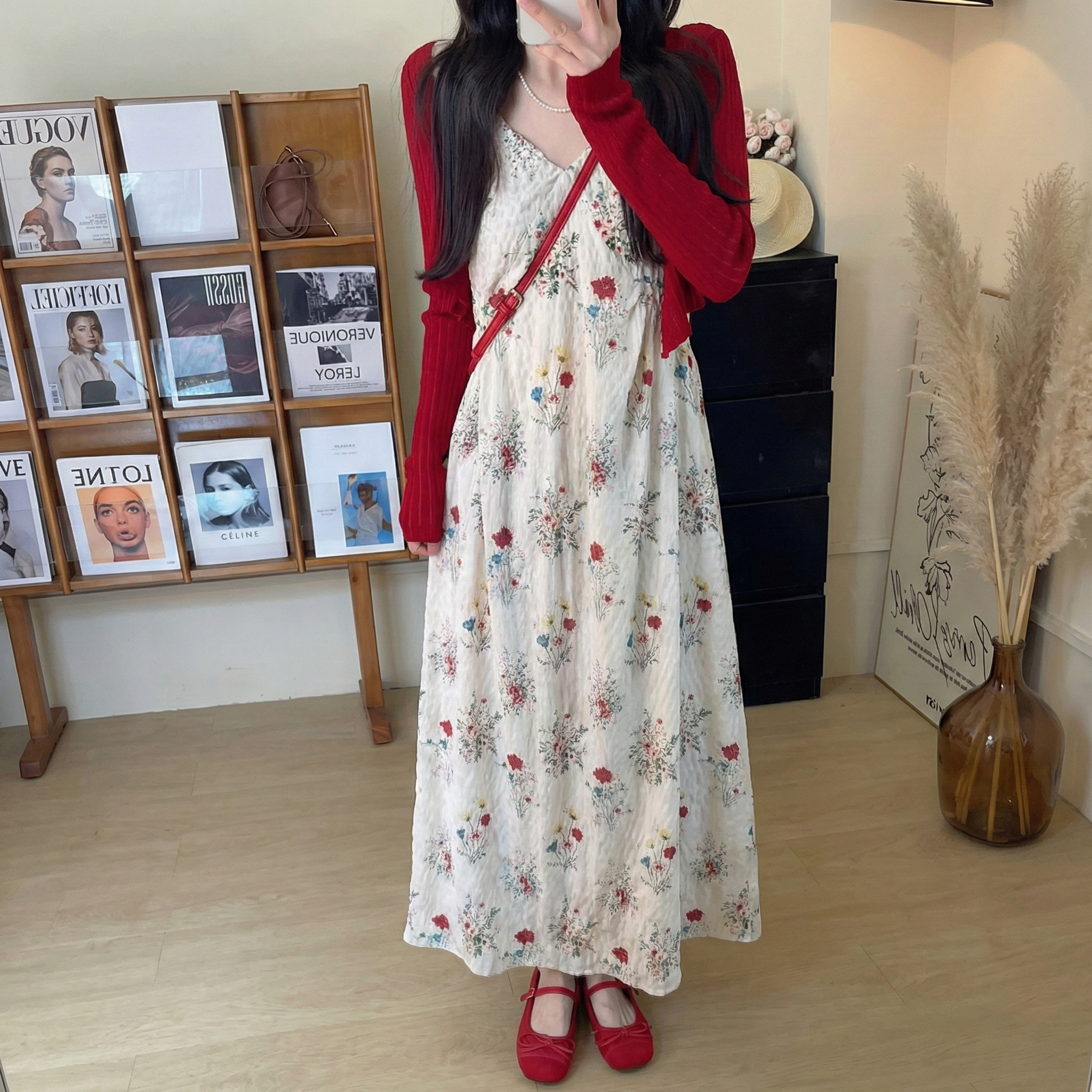 【單件/套裝】法式甜美風大碼碎花吊帶洋裝+薄款防曬開衫兩件套