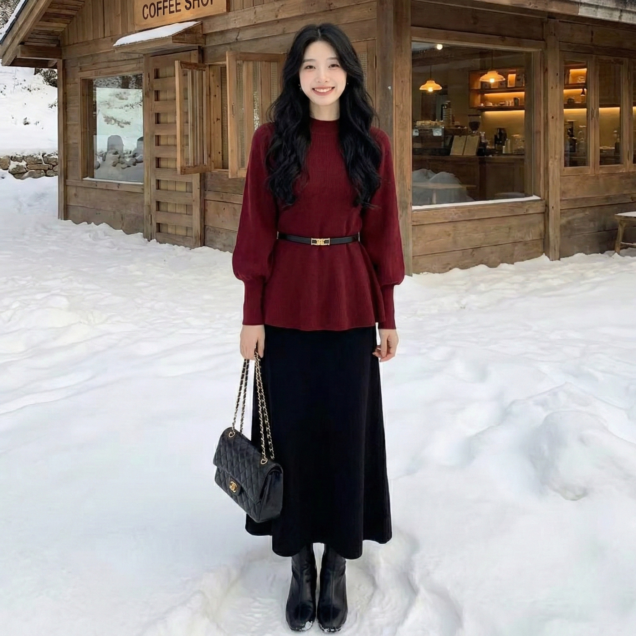 【整套】韓系半高領針織毛衣+高腰半身裙兩件套