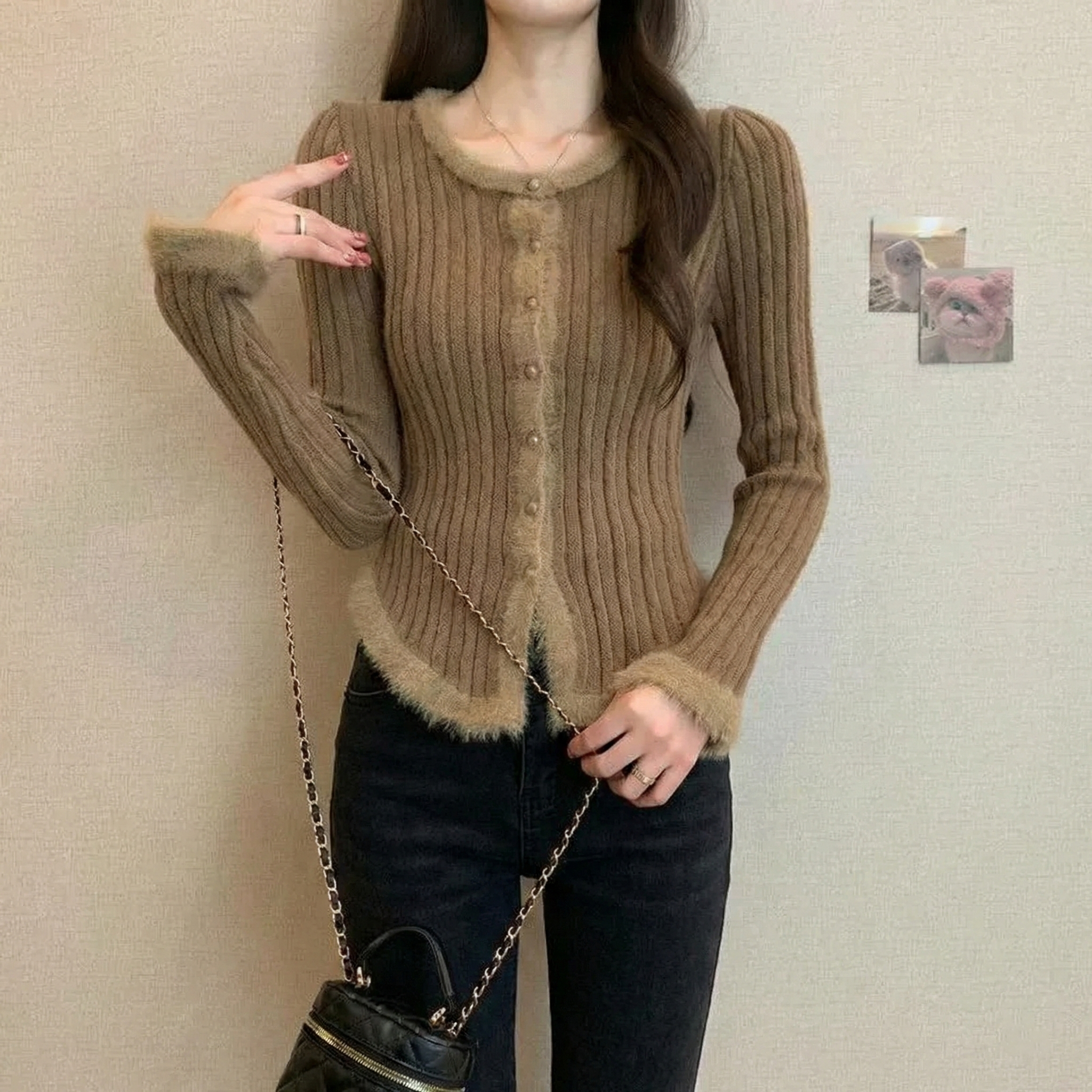 3色美拉德復古拼接毛邊修身顯瘦針織上衣-Cicimode