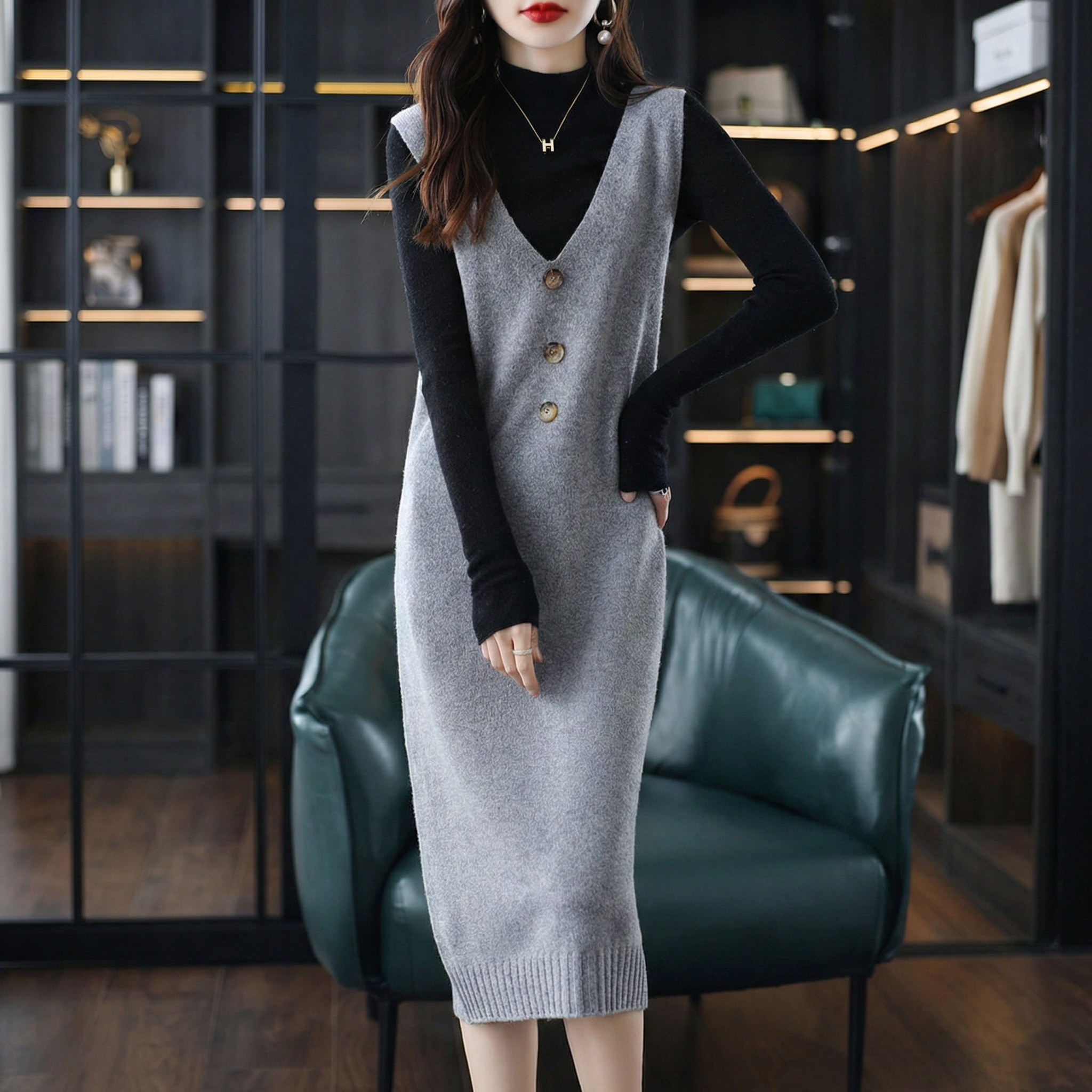 寬鬆無袖V領中長款馬甲背心款針織洋裝