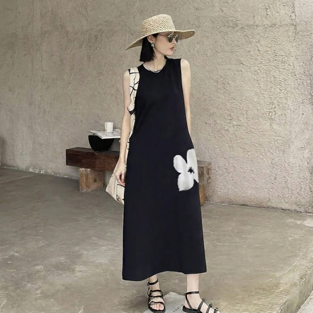 赫本風顯瘦高級感氣質A字裙過膝無袖背心洋裝