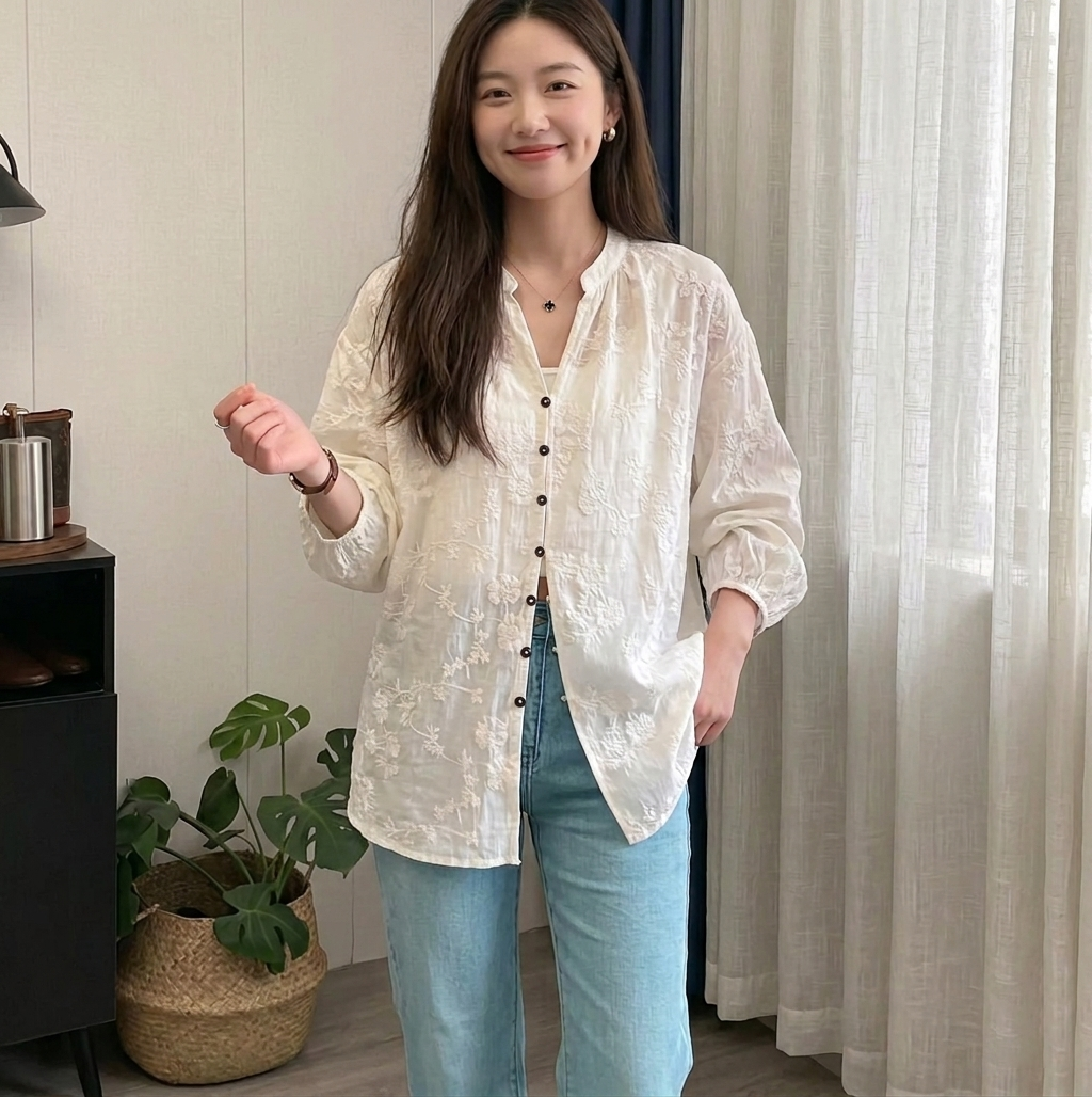 提花刺繡棉質百搭防曬寬鬆七分袖中長款開衫襯衫