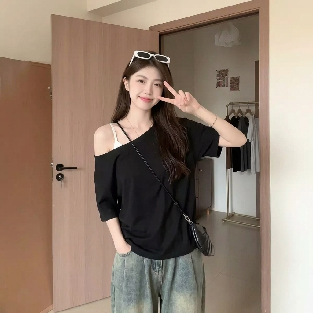 斜領露肩寬鬆遮肉顯瘦甜辣妹設計感短袖T恤