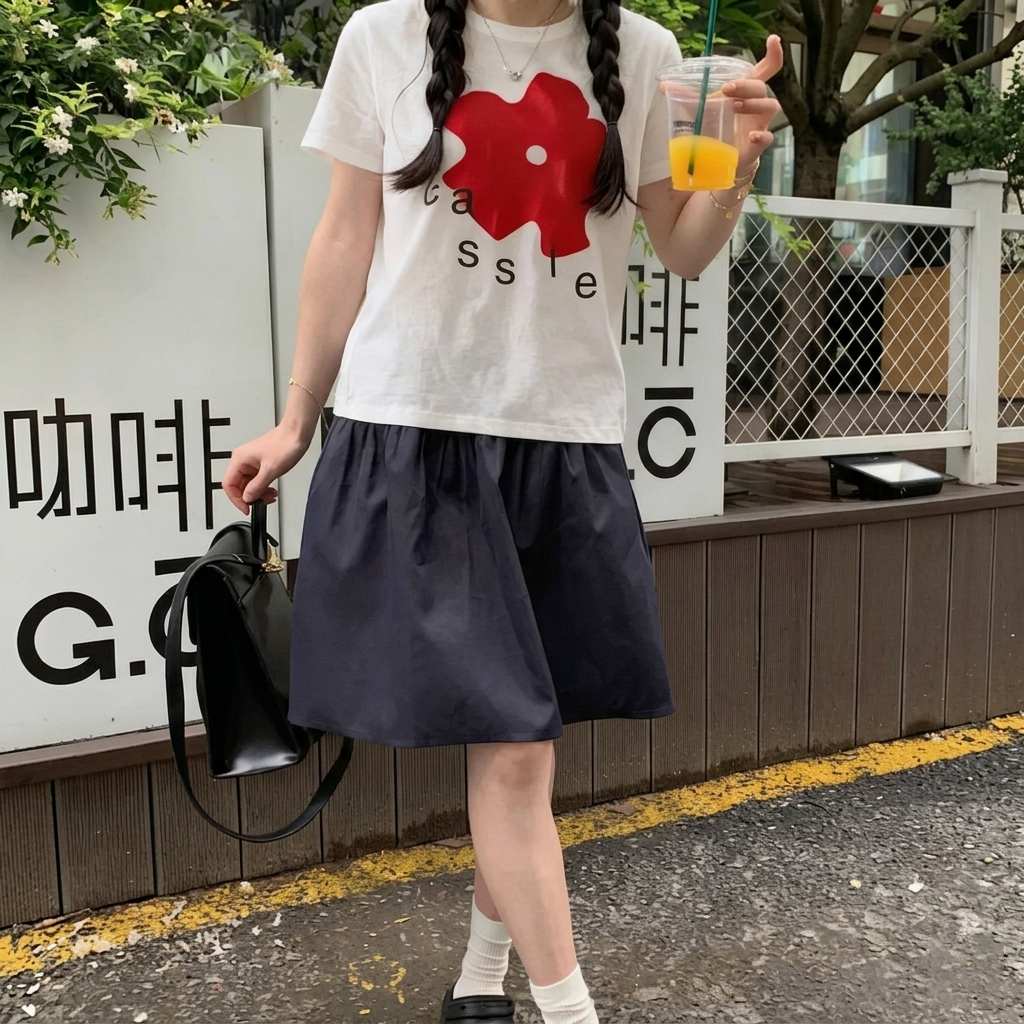 【單件販售】韓系穿搭甜美減齡印花短袖T恤+高腰學院風百搭半身裙兩件套