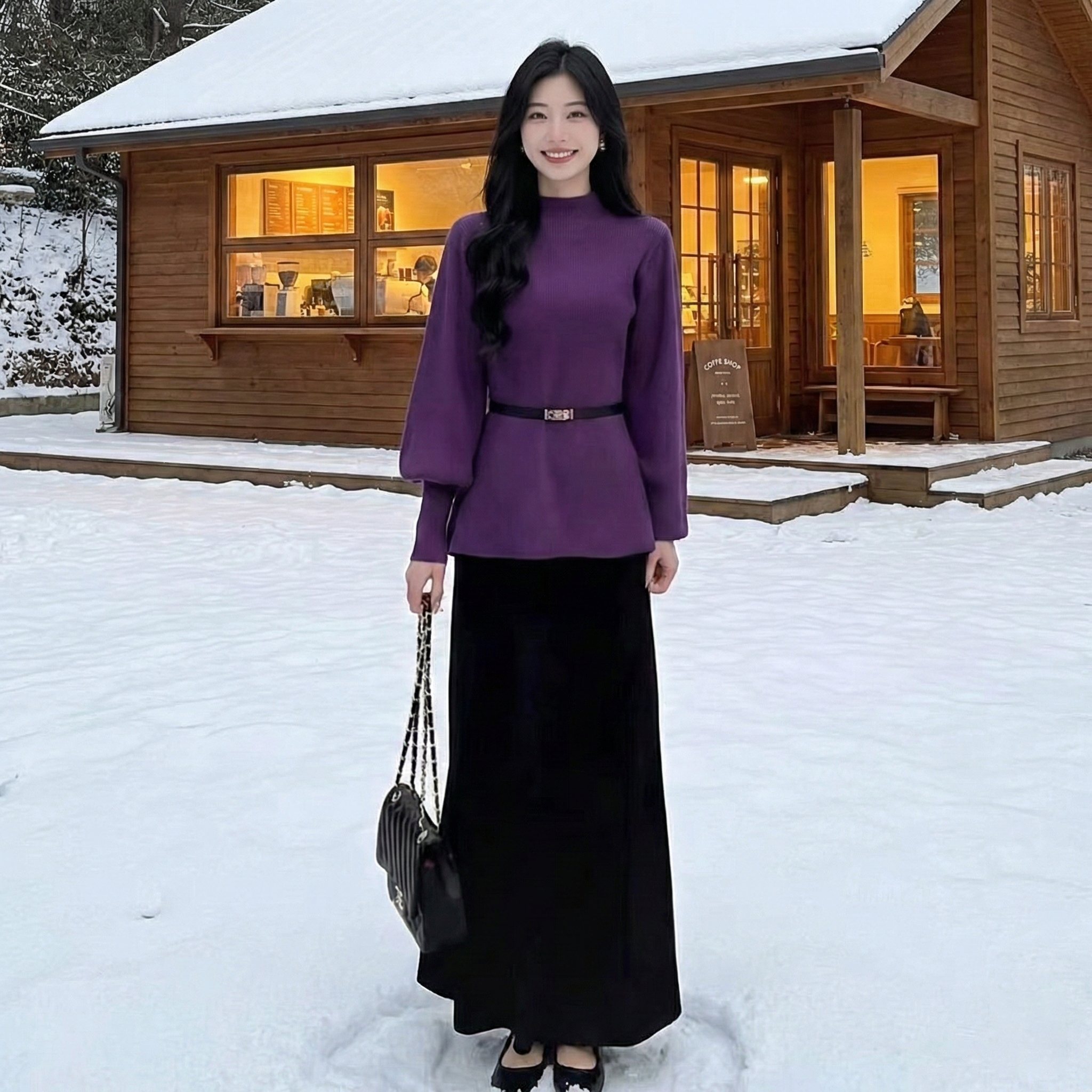 【整套】韓系半高領針織毛衣+高腰半身裙兩件套