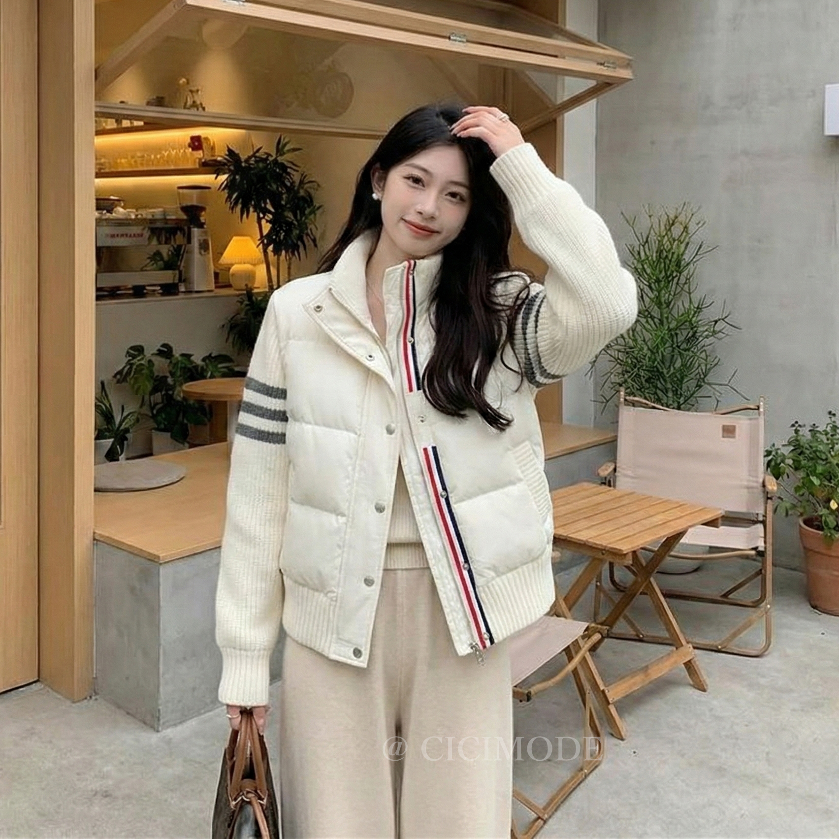 短版休閑立領加厚保暖針織拼接羽絨棉服